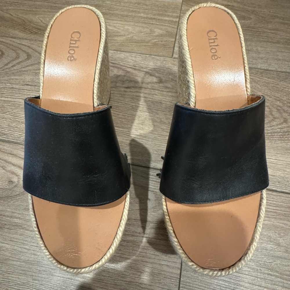 Chloe Black Leather Mules with Tan Sole